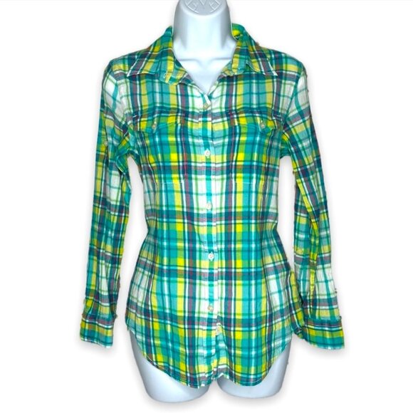 Lauren Ralph Lauren LRL bright plaid button down lightweight blouse size medium - Picture 1 of 11
